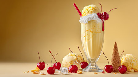 This luscious vanilla ice cream sundae, adorned with whipped cream and cherries, captures the essence of summer indulgence against a vibrant yellow backdrop.の素材