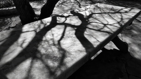 This black and white photograph captures the intricate shadows of tree branches cast on a concrete table, showcasing unique patterns and minimalistic beauty.の素材