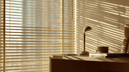 A serene office space illuminated by warm sunlight filtering through elegant blinds, creating intricate shadows. This cozy setting invites productivity and inspiration.の素材