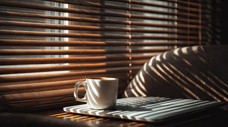A peaceful morning scene featuring a coffee cup resting on a laptop, with sunlight streaming through wooden blinds, casting soft shadow patterns.の素材