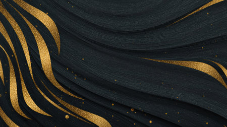 This stunning abstract design features a smooth black background with elegant gold waves and glitter accents. Perfect for modern projects.の素材