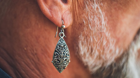 This captivating close-up image showcases an elegant silver earring hanging from the ear of an elderly man, highlighting the intricate design and artistry.の素材