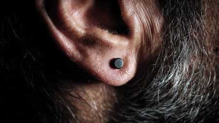 A striking close-up image showcasing a minimalist circular ear stud on a male's ear, emphasizing modern jewelry aesthetics and personal style.の素材