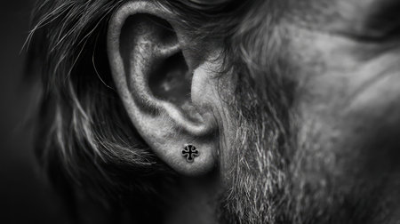 This captivating black and white image focuses on a man's ear, highlighting a fashionable earring with an intricate design. The photograph emphasizes style, individuality, and contemporary trends.の素材