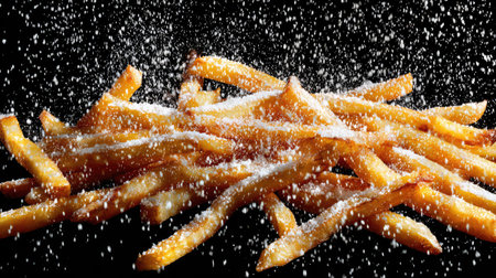 A visually enticing image of crispy French fries generously sprinkled with salt, set against a dark background, perfect for food marketing and presentations.の素材