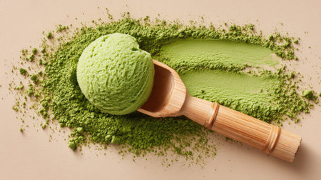 This image showcases a vibrant scoop of green tea ice cream resting in a wooden spoon, surrounded by fine matcha powder on a neutral surface, perfect for food lovers.の素材