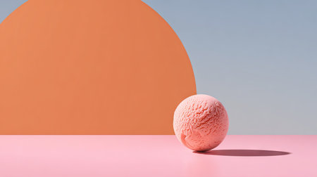 This abstract image features a textured pink sphere resting on a pastel pink surface, accompanied by a large orange semi-circle backdrop, creating a striking visual balance.の素材