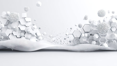 This image features a stunning abstract design with 3D hexagons and spheres on a white background, ideal for technology and science themes.の素材