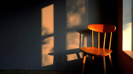 A wooden chair sits gracefully in a softly lit room, casting gentle shadows on the wall. The warm evening light creates a tranquil atmosphere perfect for relaxation and contemplation.の素材