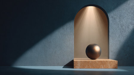 This image features a minimalist design showcasing a sphere elegantly placed under soft dramatic lighting within an archway. The warm tones and textures create a serene atmosphere perfect for artistic or interior design projects.の素材