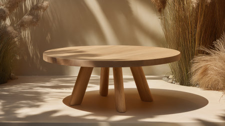 A beautifully crafted round wooden table showcases modern minimalist design, set in a serene environment with soft shadows and natural elements.の素材