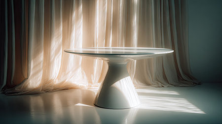 A stunning round table with a sleek surface softly lit by sunlight in a minimalist interior featuring flowing curtains, creating a warm and inviting atmosphere.の素材