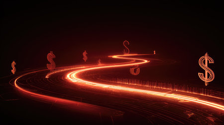 This abstract visual showcases a glowing path symbolizing financial growth. Dynamic light trails and dollar signs represent success, investment, and prosperity in a modern economy.の素材