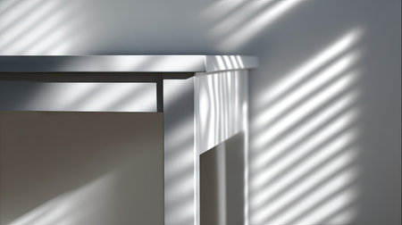 A modern white table casts intriguing shadows from the window blinds, creating elegant abstract patterns on the wall and surface, enhancing the minimalist decor.の素材