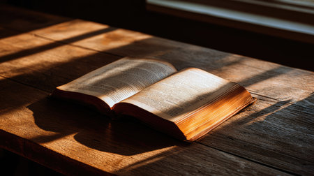 A serene scene featuring an open book resting on a rustic wooden table illuminated by soft natural light, creating an inviting atmosphere for reading and reflection.の素材
