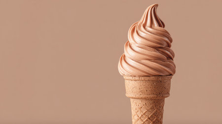 A delightful soft serve ice cream in a crispy wafer cone, showcasing a luscious swirl of creamy chocolate goodness on a simple background. Perfect for dessert lovers!の素材