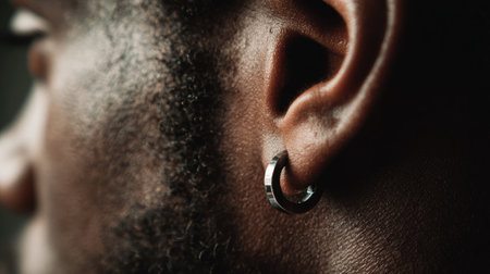 This close-up image features a stylish hoop earring worn by a man, emphasizing unique jewelry detail and masculine beauty traits. The focus captures reflections and texture, showcasing individuality.の素材