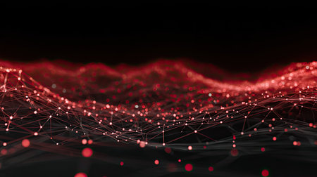 This striking abstract image features a digital landscape in red and black, showcasing intricate connections and glowing dots, ideal for technology and science themes.の素材