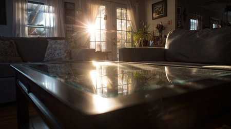 A serene living room scene showcasing warm sunlight streaming through a glass door, casting gentle reflections on a coffee table. The inviting atmosphere features comfortable seating and lush plants, creating a perfect space for relaxation.の素材