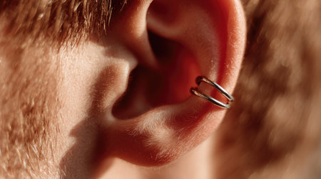 This close-up photo features a minimalist silver hoop earring on a young person's ear, showcasing the details of the accessory and its stylish presence.の素材