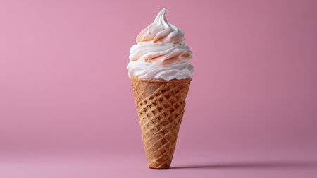 A delightful soft serve ice cream sits elegantly in a crispy waffle cone, set against a vibrant pink backdrop, perfect for evoking sweet cravings.の素材