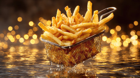 This image features a wire basket overflowing with crispy and golden french fries, surrounded by an enchanting bokeh background that enhances their appeal.の素材