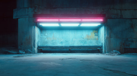 A striking image of a futuristic urban bus stop featuring neon lights illuminating a concrete structure, creating a cool and atmospheric scene.の素材