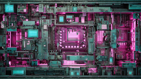 This striking image showcases a futuristic circuit board design featuring vibrant neon colors and intricate patterns. Perfect for technology themes.の素材
