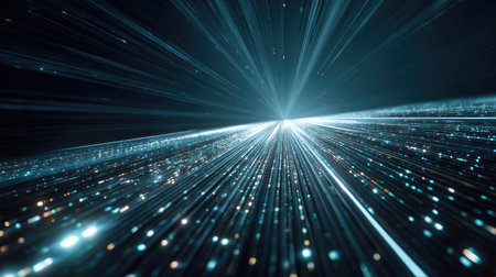 An impressive visual representation featuring dynamic light rays flowing through a dark background. The bright flare and glowing particles create a sense of depth and motion. Perfect for technology themes and artistic designs.の素材