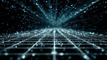An engaging abstract background featuring glowing particles and grids, creating a captivating digital atmosphere perfect for technology themes and modern designs.の素材