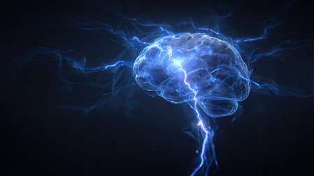 This captivating abstract image highlights a glowing brain intertwined with electric energy, symbolizing creativity and intelligence in a striking visual form.の素材