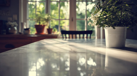 A serene kitchen scene featuring a marble countertop adorned with a potted plant, sunlight illuminating the space and casting soft shadows.の素材