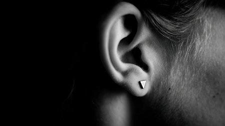 This striking black and white image captures a close-up view of a minimalist triangle earring on an elegantly styled ear, showcasing simplicity and timeless beauty.の素材