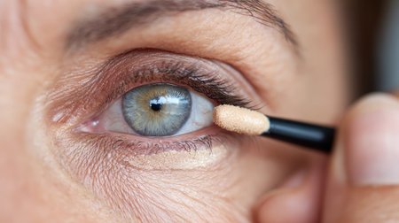 A detailed close-up image captures a woman skillfully applying makeup to her eye with a brush, showcasing her clear, bright blue iris and flawless skin.の素材