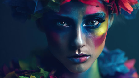 This striking portrait showcases a woman adorned with vibrant face paint and a floral headpiece, highlighting artistic expression and beauty.の素材