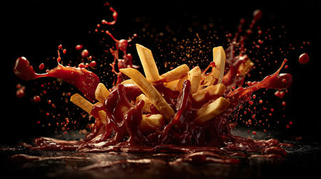 A striking image featuring crispy French fries creating a dynamic splash as they land in a vibrant red sauce. The contrasting colors and textures evoke a sense of excitement and hunger, making this an appealing shot for any food-related project.の素材