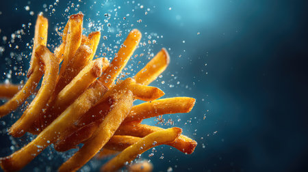 This captivating image showcases golden crispy french fries elegantly falling through the air, surrounded by dynamic water splashes against a blue background.の素材