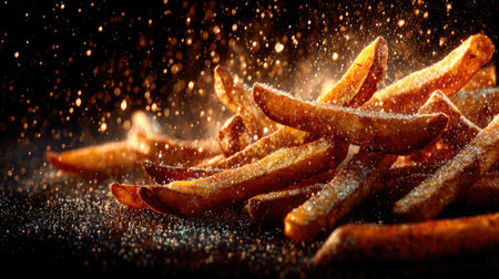 This captivating image showcases perfectly golden brown French fries sprinkled with seasoning against a dark background, exuding irresistible appeal and warmth.の素材