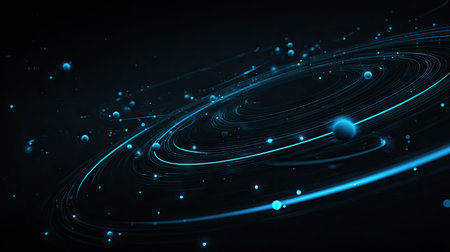 This captivating image showcases abstract blue swirling energy against a dark cosmic background, creating an intriguing atmosphere with dynamic light trails and floating particles.の素材