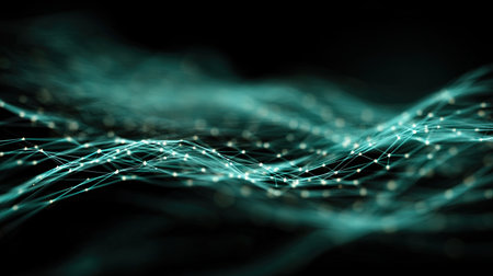 This captivating abstract image portrays glowing digital waves, interwoven with network connections and luminous data points, ideal for tech concepts.の素材