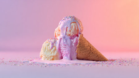 A visually appealing ice cream cone featuring three delightful scoops, slowly melting with vibrant sprinkles, set against a soft pastel background.の素材