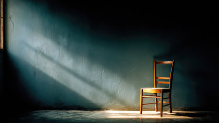 A solitary wooden chair positioned in a dimly lit room, where soft light casts gentle shadows onto the wall, creating a serene and contemplative atmosphere.の素材