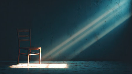 A solitary wooden chair sits in a dimly lit room, illuminated by soft rays of light streaming through a window, creating a serene and contemplative atmosphere.の素材