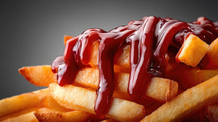A mouth-watering close-up of crispy golden French fries drizzled with tangy ketchup. Perfect for food lovers and culinary enthusiasts seeking delicious snack ideas.の素材