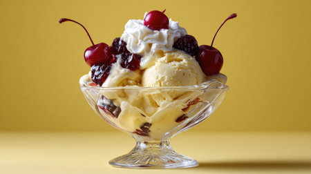 A mouthwatering ice cream sundae featuring creamy vanilla scoops topped with whipped cream, cherries, and a rich cherry sauce in a charming glass bowl.の素材