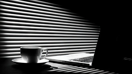 A captivating black and white photograph showcasing a coffee cup next to a laptop, bathed in natural light and dramatic shadows. The striped light creates a tranquil atmosphere, perfect for a workspace or creative setting.の素材