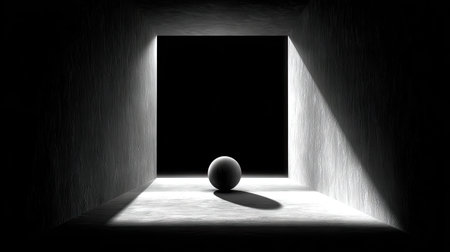This image captures a simple sphere positioned in a dark room, with soft light beams casting dramatic shadows on textured walls, evoking a serene and minimalist atmosphere.の素材