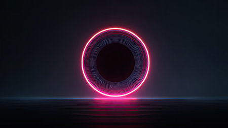 This image features a stunning neon circle with a glowing edge against a dark background. It evokes a sense of modern technology and vibrant aesthetics.の素材