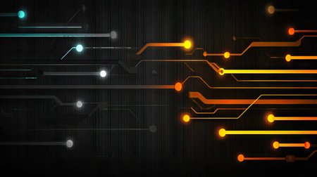 This abstract digital circuit background features vibrant colorful lights and intricate lines, perfect for technology and innovation themes in marketing or presentations.の素材