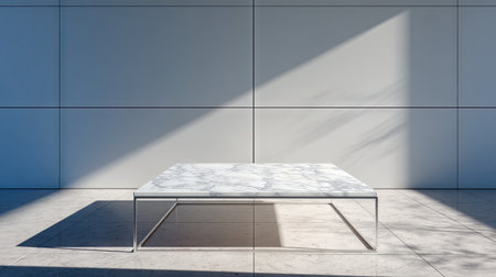A sleek, modern coffee table featuring a stunning marble top and a minimalist metal frame, perfectly placed in a bright, spacious interior. The light casts elegant shadows, enhancing the table's contemporary design and creating a serene ambiance in the room.の素材